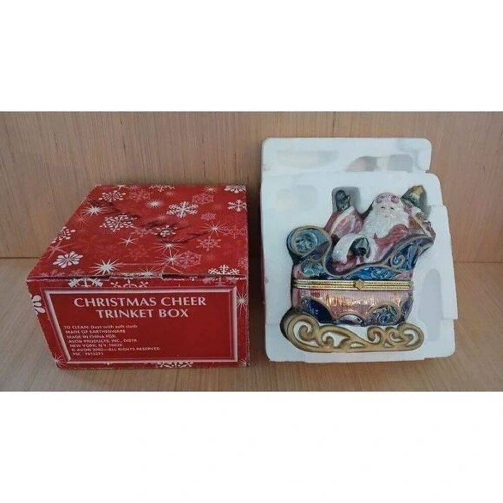 Avon 2002 Santa Claus on Sled Christmas Cheer Porcelain Trinket in Original Box